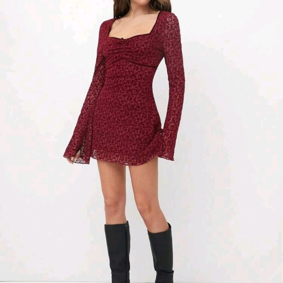 Women's Spring/Autumn Red Mesh Floral Sheer A-Line Dress - Picture 3 of 4